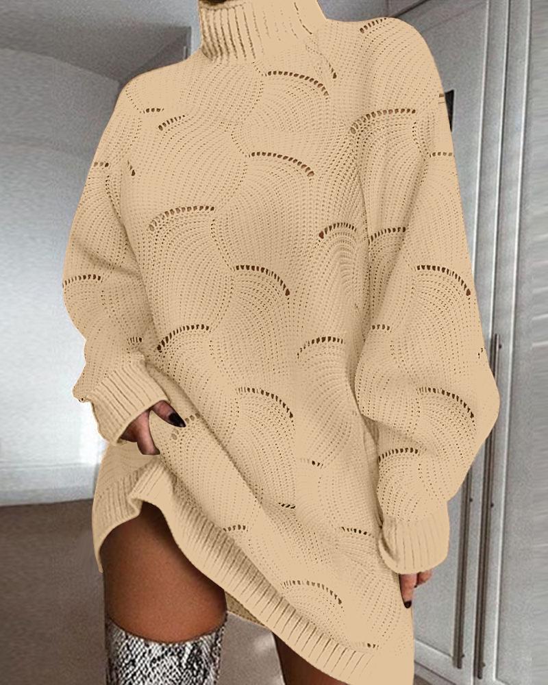 

High Neck Hollow-out Casual Sweater Dress, Apricot