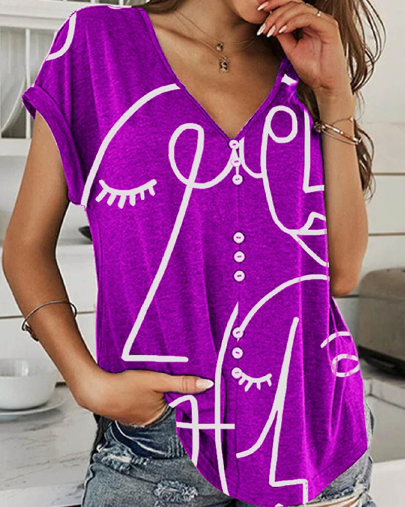 

V-neck Button Front Figure Print T-short, Purple