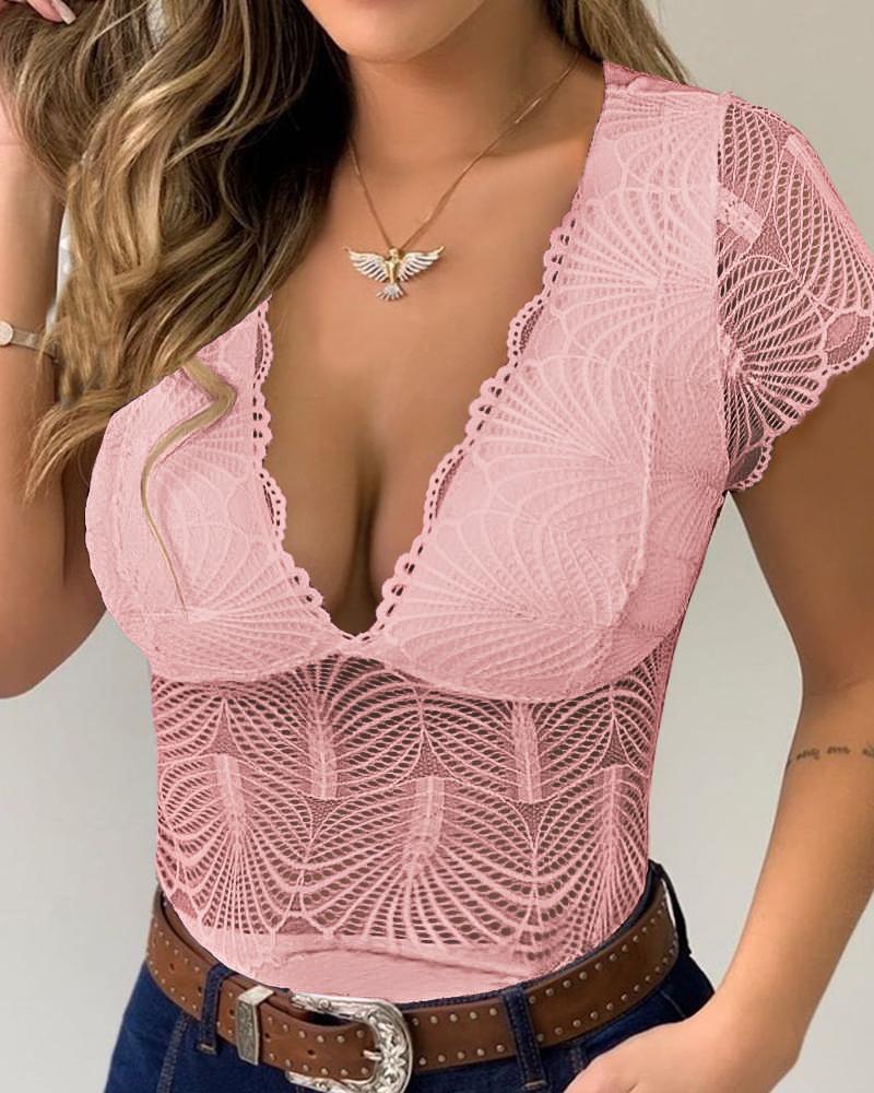 

Crochet Lace Plunge Short Sleeve Bodysuit, Pink