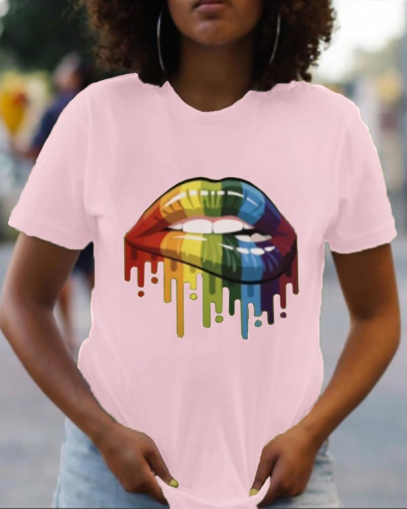 

Lip Print Colorblock Short Sleeve Casual T-shirt, Pink