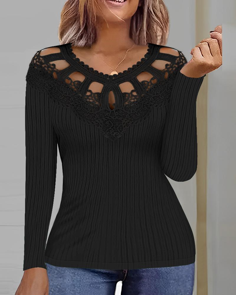 

Hollow Out Lace Patch Ribbed Top, Black