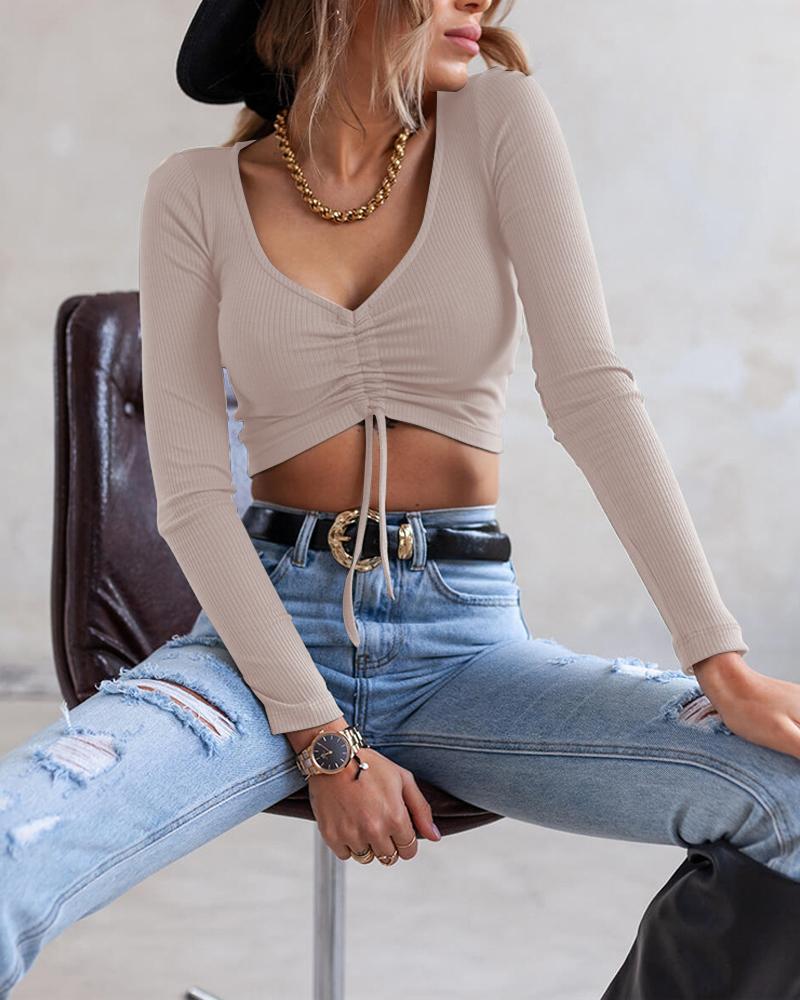 

Long Sleeve Drawstring Ruched Crop Top, Khaki