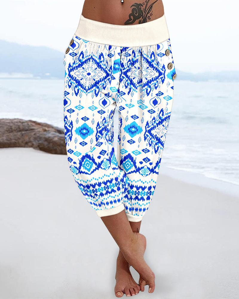 

Pantalones capri de cintura baja con botones y estampado tribal para vacaciones con bolsillo, Blue