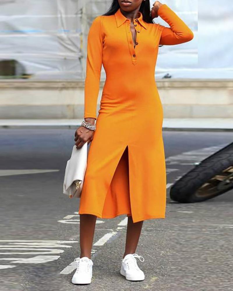 

Solid Button Detail Long Sleeve Slit Dress, Orange