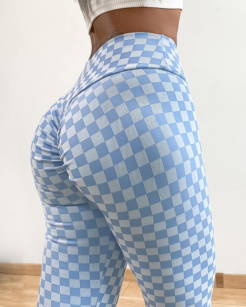 

Plaid High Waist Skinny Sport Pants, Blue