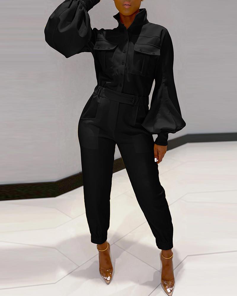 

Pocket Design Buttoned Lantern Sleeve Jumpsuit, Black