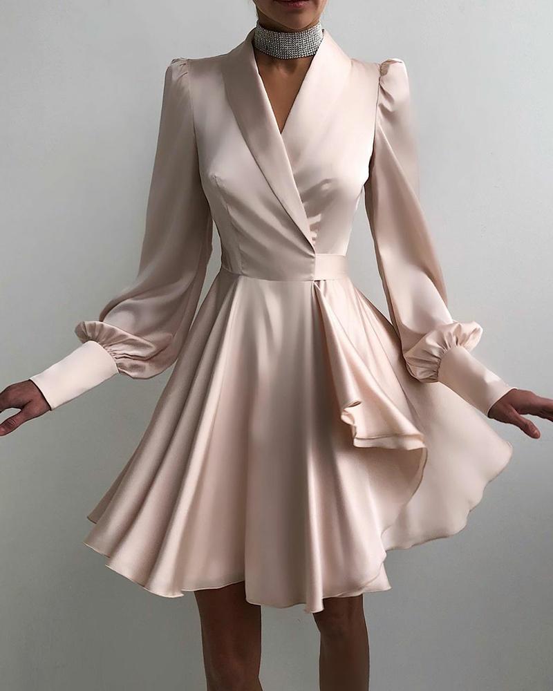 

Solid Color Surplice Neck Ruffle Hem Party Dress Long Sleeve Elegant Party Dress Cocktail Dress, Champagne