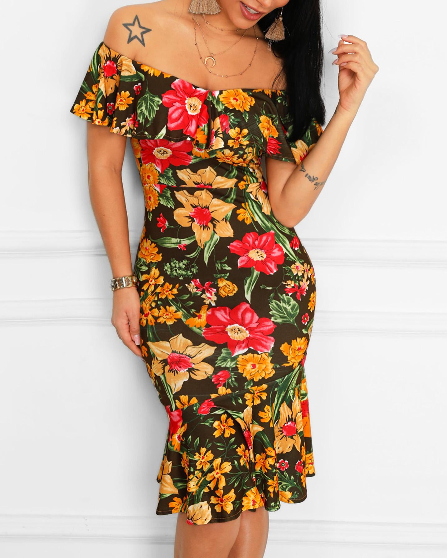 

Floral Print Ruffles Fold-Over Bodycon Dress, Multicolor