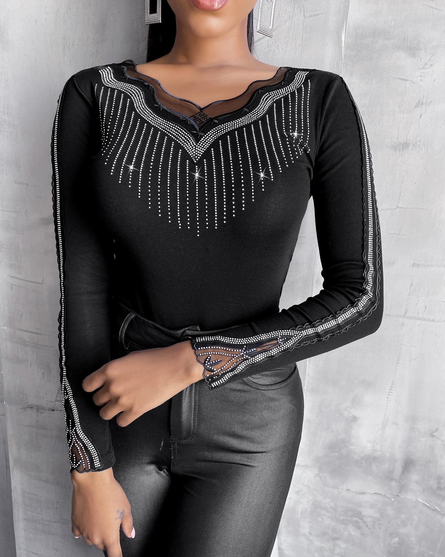 

Studded Sheer Mesh Top, Black