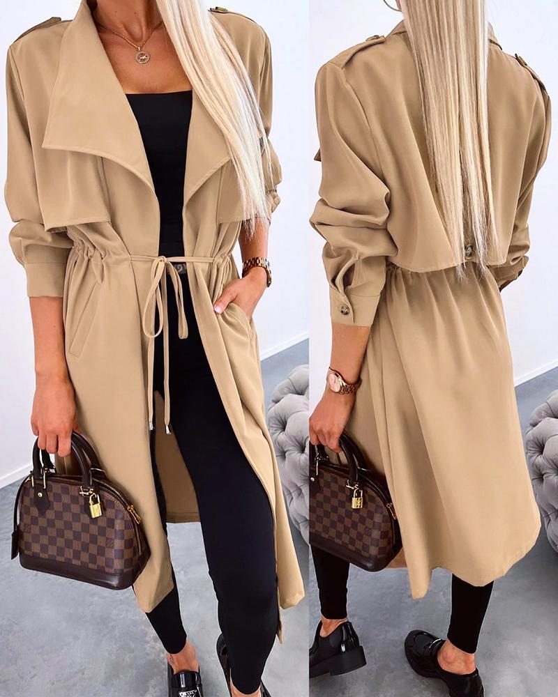 

Tied Detail Buttoned Turn-down Collar Longline Coat, Khaki