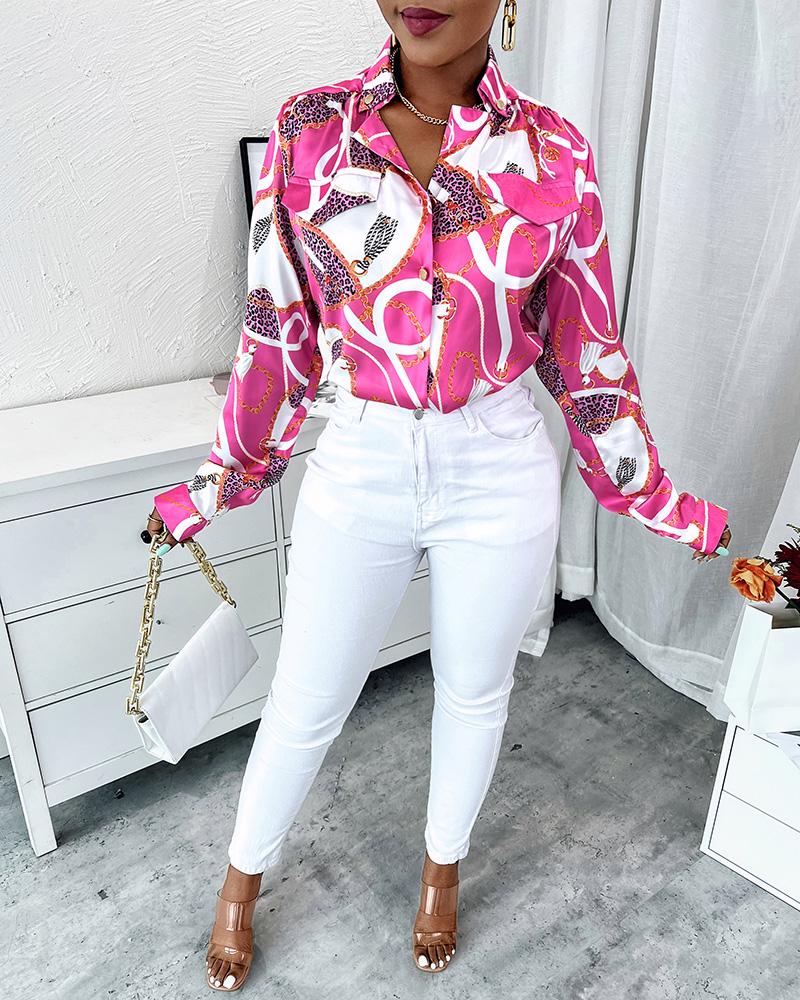 

Scarf Chain Print Long Sleeve Button Down Shirt, Pink