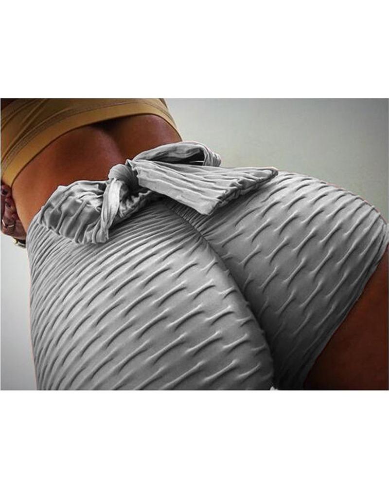 

Textured Tied Back High Waist Scrunch Butt Active Shorts, Gray