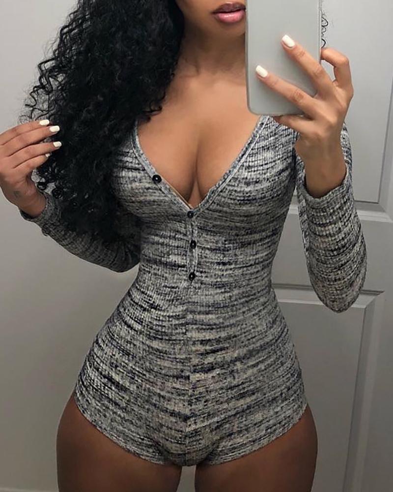 

Long Sleeve Button Design Deep-V Romper, Gray