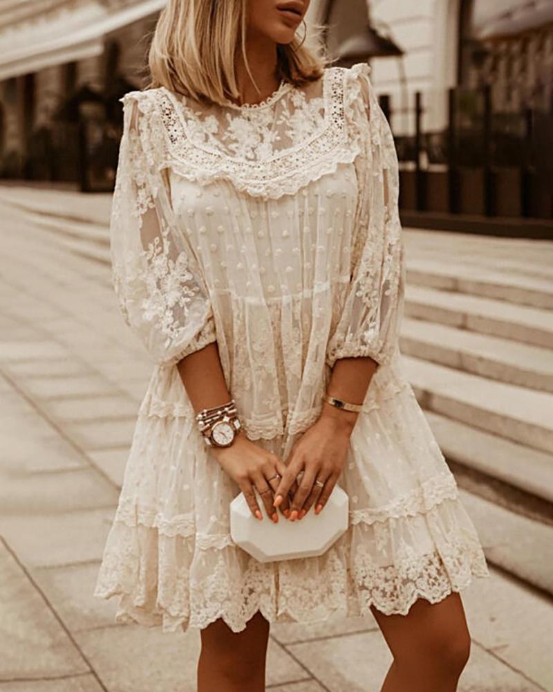 

Swiss Dot Half Sleeve Crochet Lace Dress, Apricot