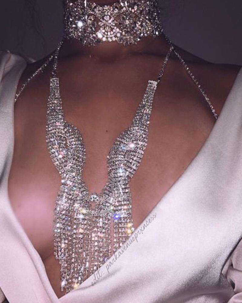 

Rhinestone Decor Tassel Body Chain, Silver