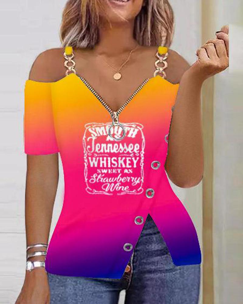

Smooth As Tennessee Whiskey Sweet As Strawberry Wine Print Cold Shoulder Top, Multicolor