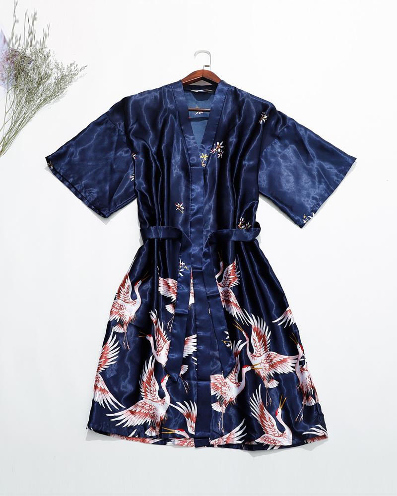 

Crane Print Belted Satin Robe, Purplish blue