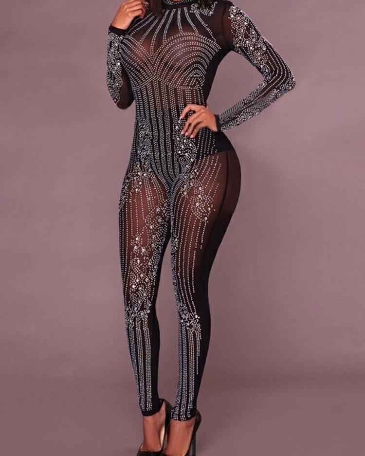 

Glittering Embellished Mesh Skinny Jumpsuit, Black