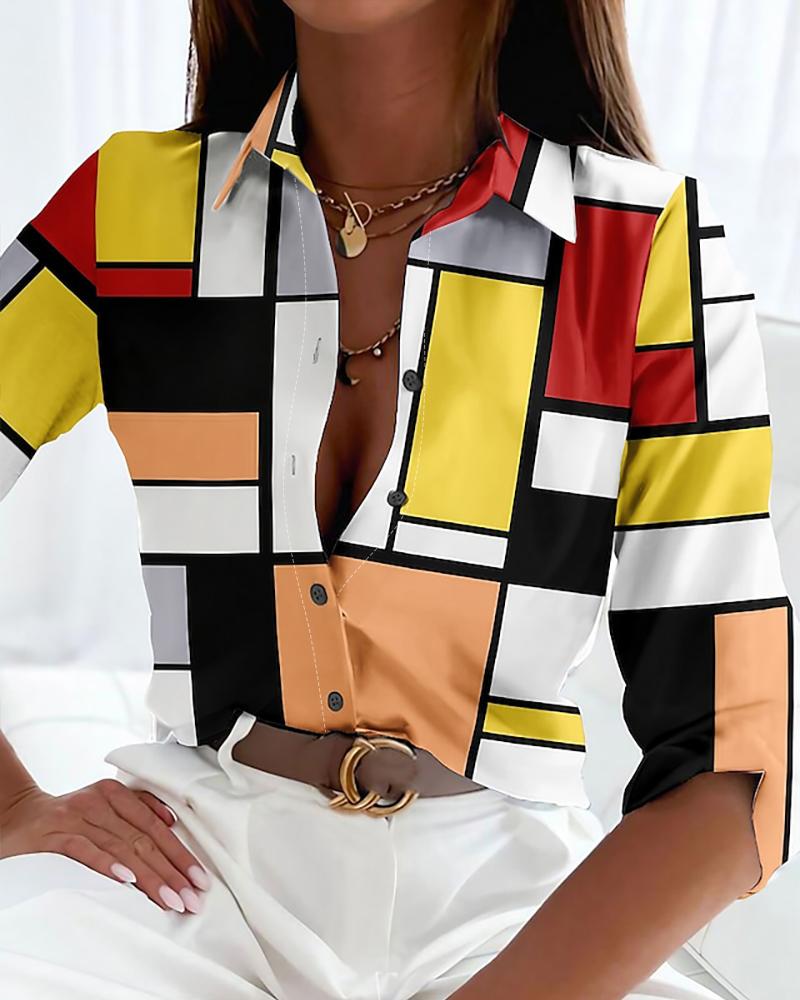 

Geometric Print Roll Up Sleeve Buttoned Shirt, Yellow