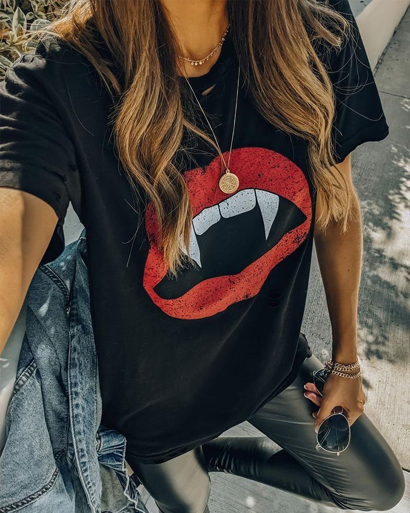 

Halloween Lip Print Short Sleeve Tee, Black