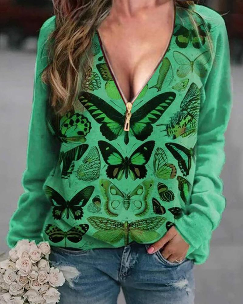 

Long Sleeve Butterfly Print Zipper Design Top, Green