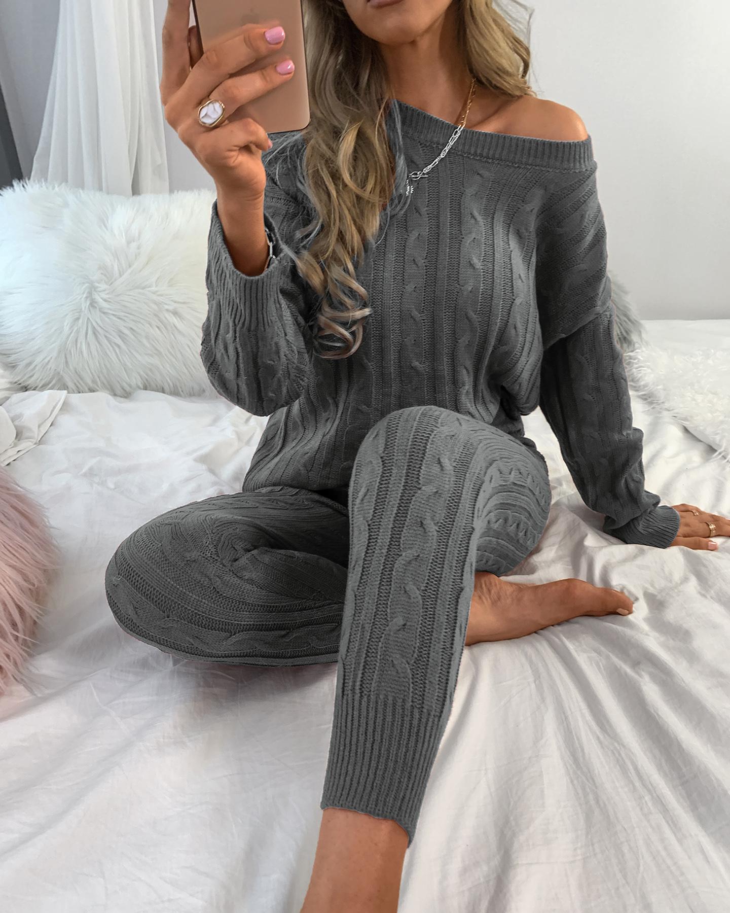 

Solid Ribbed Knitting Casual Sweater & Pants Sets, Gray
