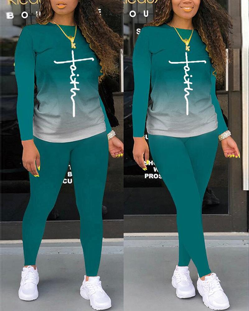 

Faith Ombre Print Long Sleeve Top & Pants Set, Green