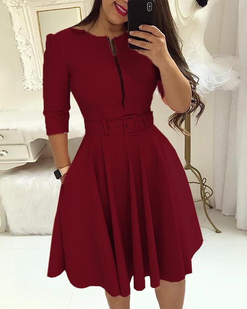

Zipper Pocket Design Casual Dress, Wine red