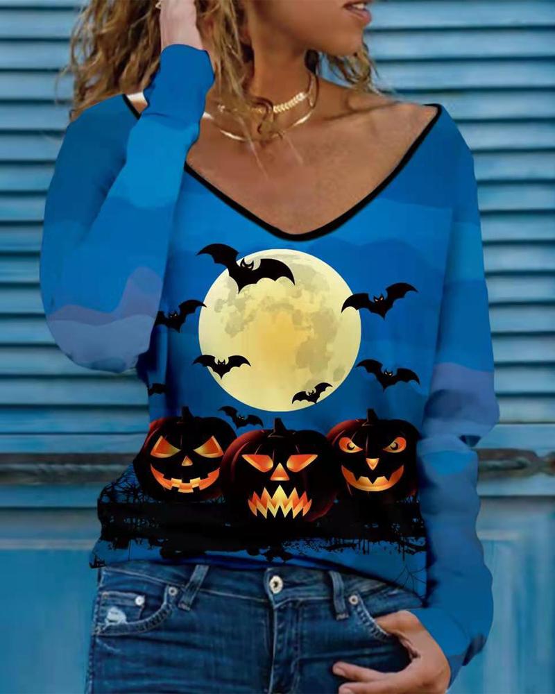

Halloween Pumpkin Graphic Letter Print Long Sleeve Top, Blue