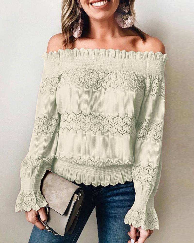 

Off Shoulder Shirring Detail Frill Hem Long Sleeve Top, Khaki