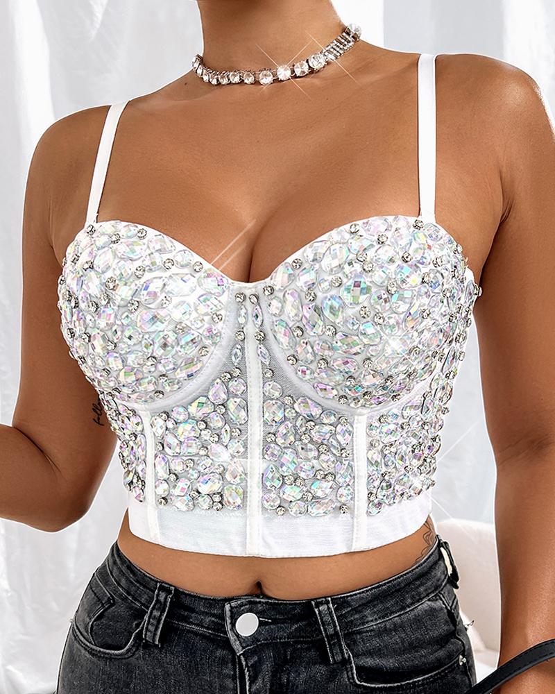 

Gem Stone Decor Buckle Back Crop Corset Top, White