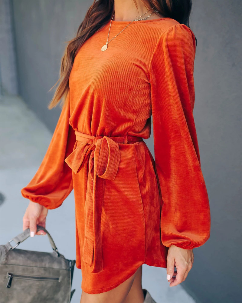 

Velvet Long Sleeve Belted Casual Dress, Yellow