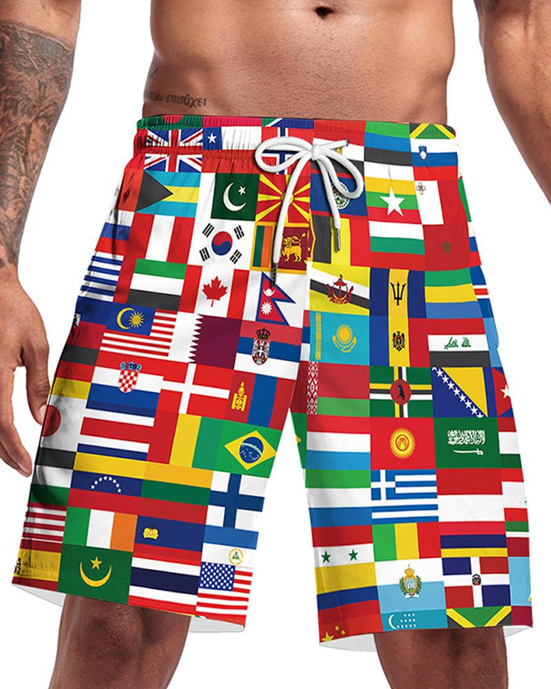 

National Flag Print Drawstring Short Pants, Multicolor