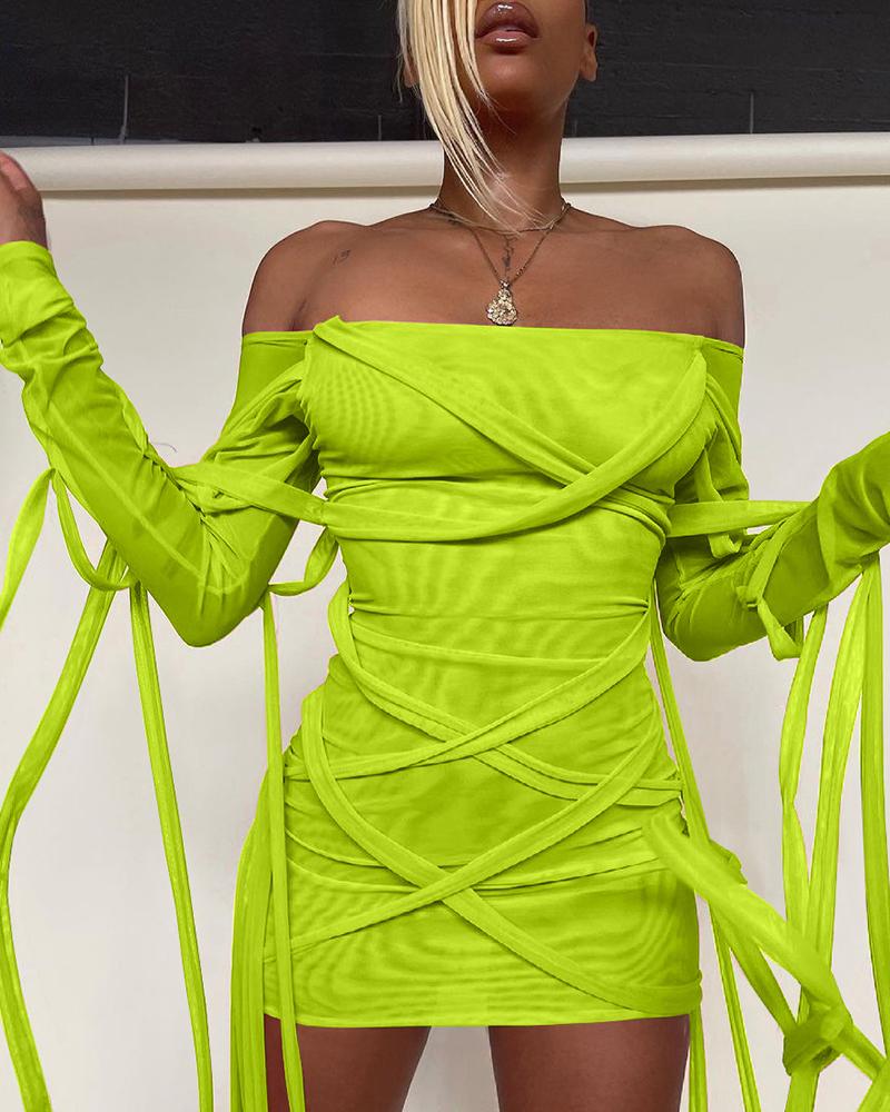 

Off Shoulder Long Sleeve Strappy Bodycon Dress, Green