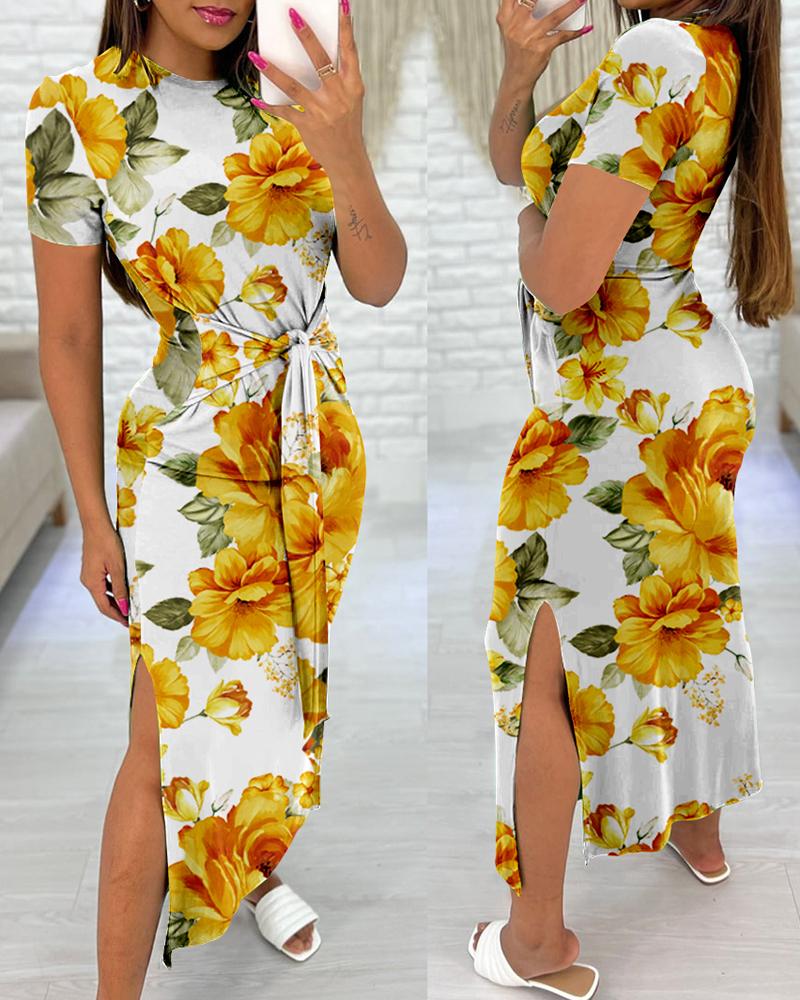

Floral Print Tied Detail Slit Casual Dress, Yellow