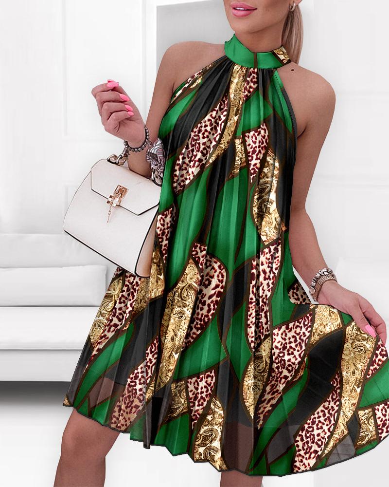 

Floral Leopard Print Halter Sleeveless Ruched Cold Shoulder A Line Dress Vacation Dress, Green