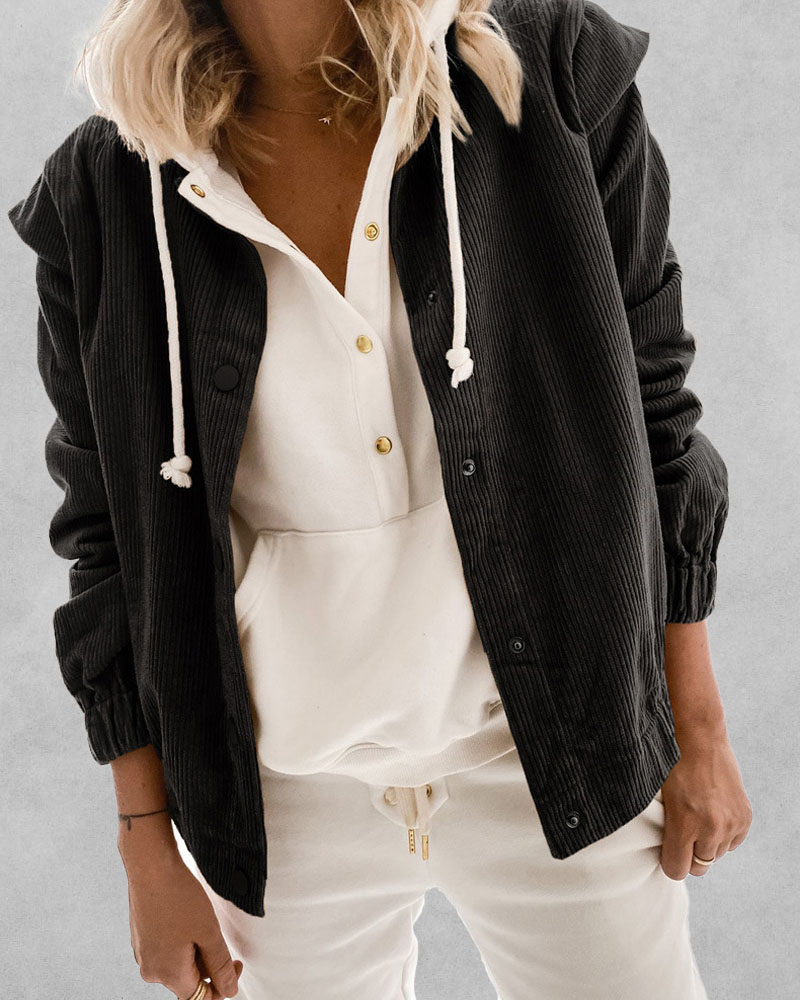 

Long Sleeve Press Button Corduroy Coat, Black