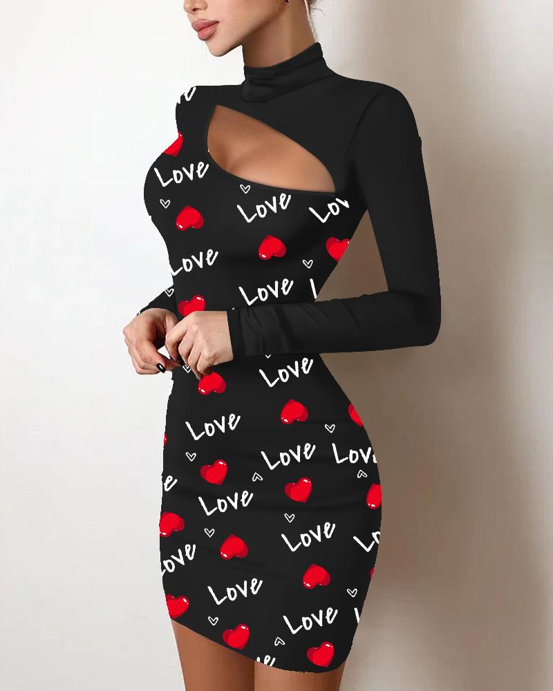

Valentine' Day Love Heart Print Cutout Bodycon Dress, Black