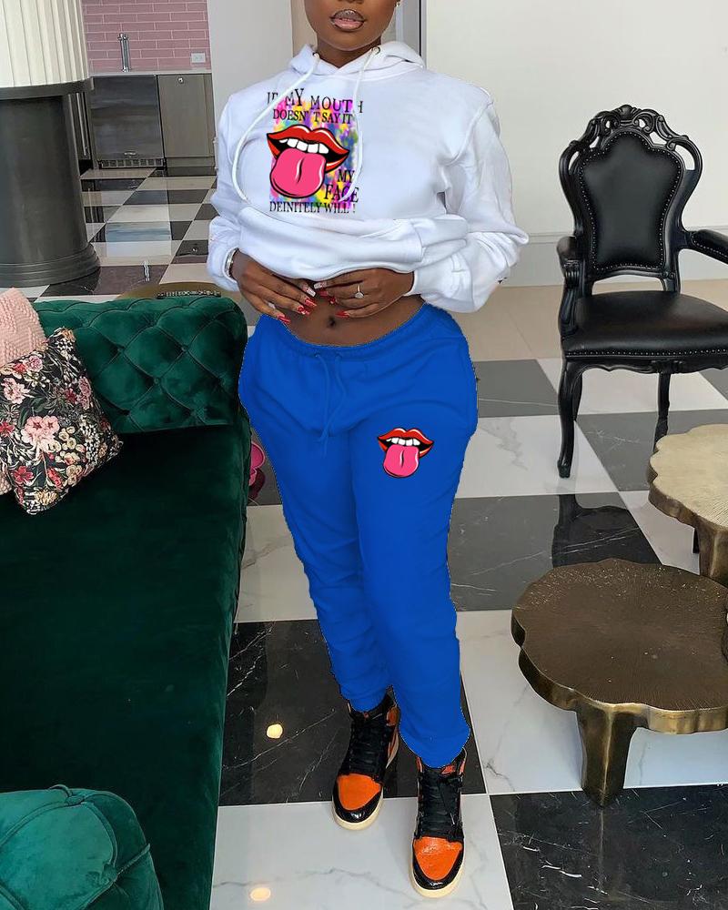 

Plus Size Letter Lip Print Casual Hoodie & Pants Set, Blue