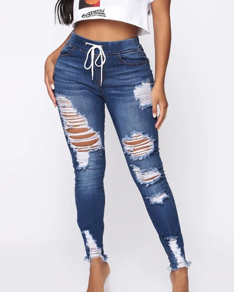 

Ripped Cutout Fringe Hem Drawstring Denim Pants, Dark blue