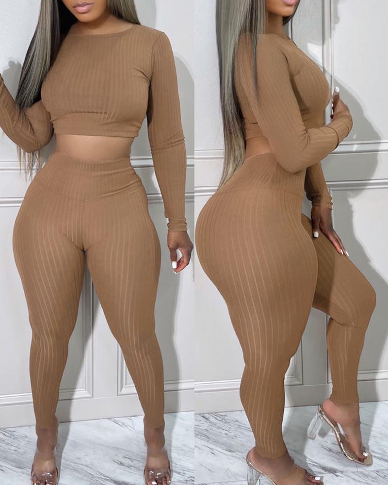 

Ribbed Long Sleeve Crop Top & Pants Set, Brown
