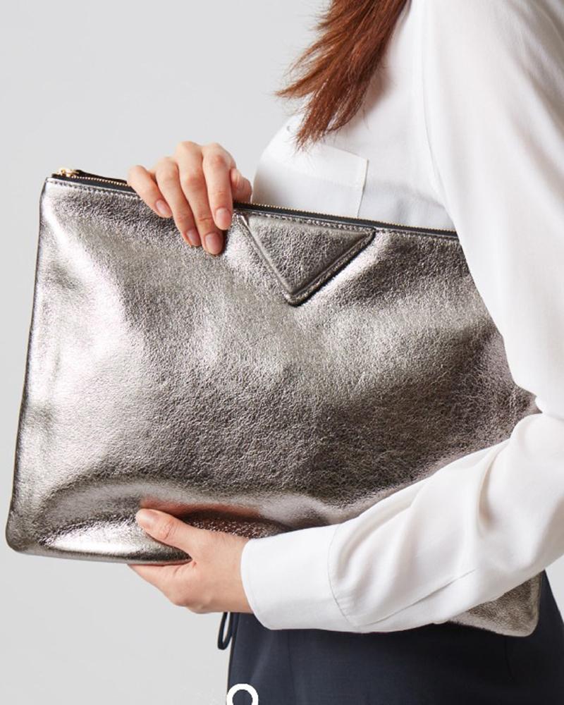

Zipper Design Metallic Envelope Clutch Bag, Silver