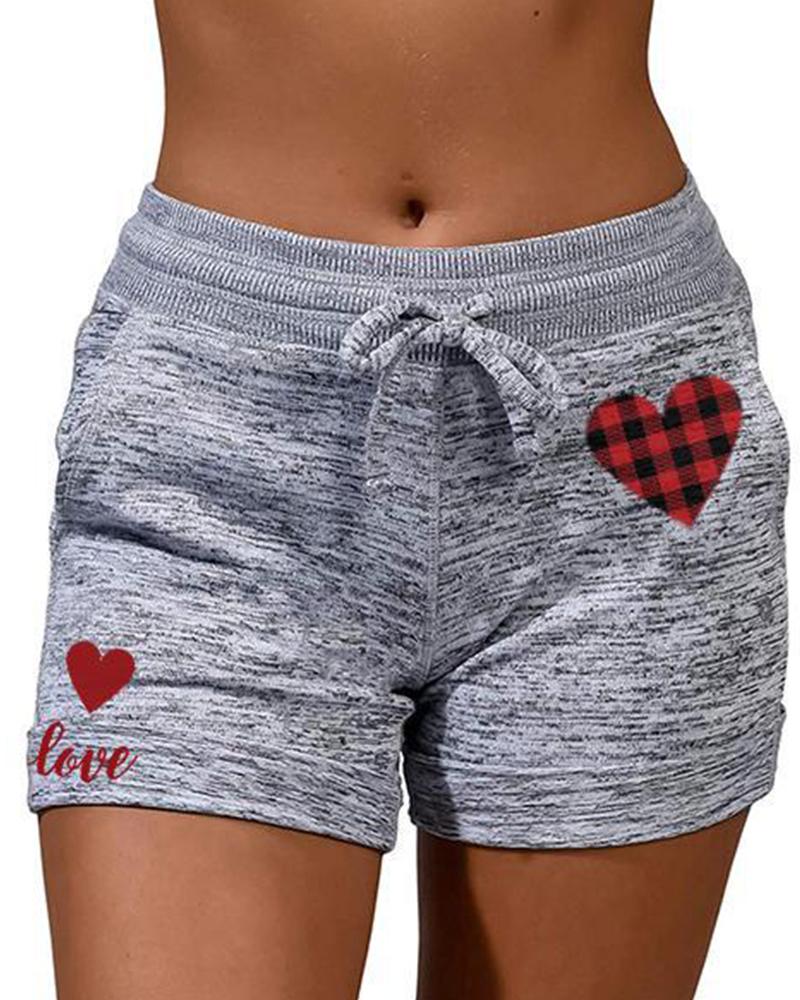 

Solid Color Splicing Heart Print Drawstring Short Pants, Gray