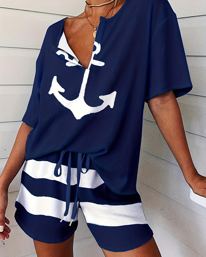 

Boat Anchor Print Striped Short Sleeve Pajamas Set, Purplish blue