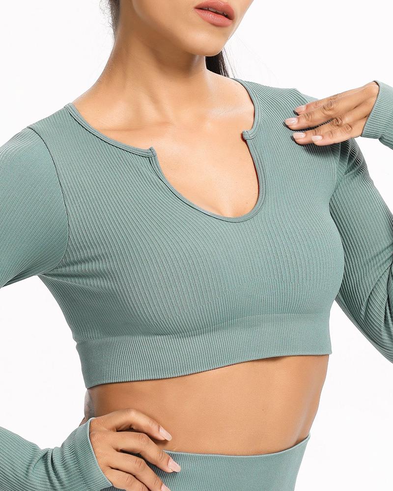 

Ribbed Solid Color Skinny Long Sleeve Sport Crop Top, Blue