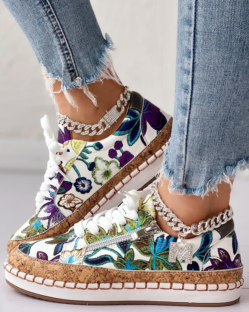 

Floral Embroidery Lace-up Muffin Sneakers, White&purple