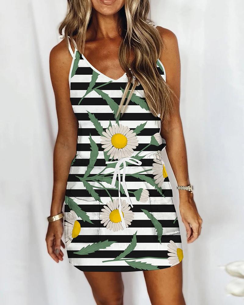 

Striped Daisy Print Tied Detail Casual Dress, White