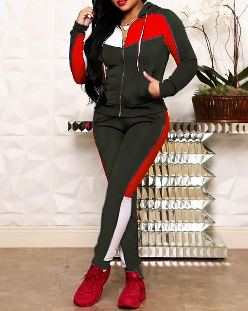 

Zipper Pocket Design Hooded Colorblock Top & Pants Set, Green