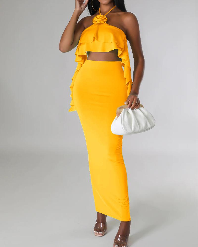 

Halter Ruffle Hem Backless Top & Skirt Set, Yellow