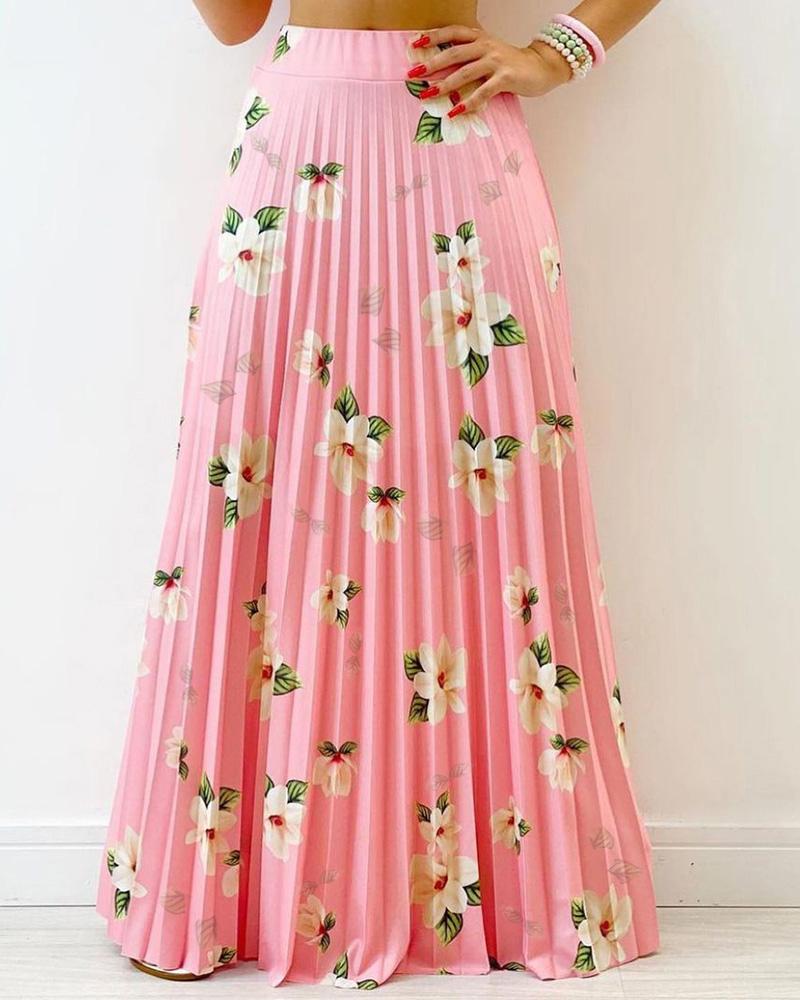 

Floral Print High Waist Pleated Maxi Skirt, Pink